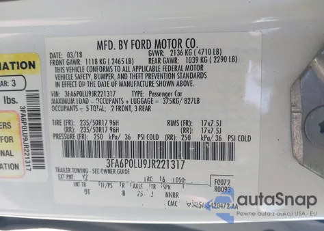 2018 Ford Fusion Hybrid Se z USA, uszkodzony, nr VIN 3FA6P0LU9JR221317
